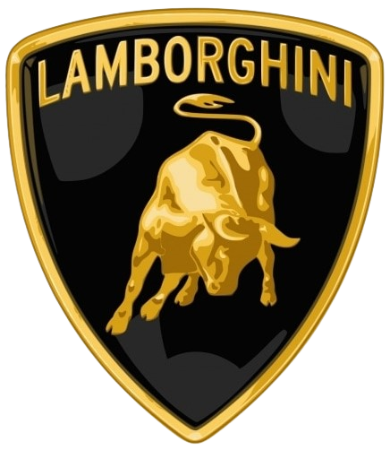 Logo of lamborghini featuring a golden bull on a black shield with the brand name at the top.