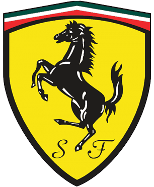 Shield-shaped logo with a black prancing horse on a yellow background, topped by a green, white, and red stripe, and the initials "sf" at the bottom.