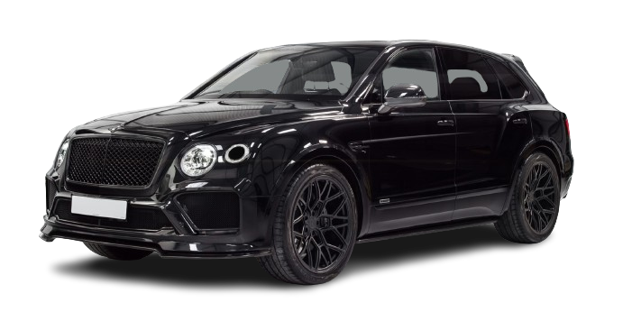 Black bentley bentayga suv on a plain background, featuring a prominent front grille and dark wheels.