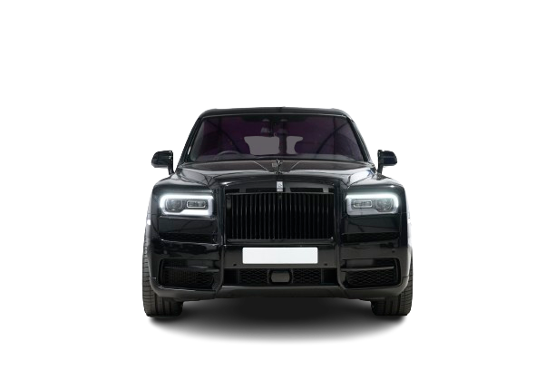 A black luxury suv parked against a black background, showcasing a prominent grille and sleek headlights.