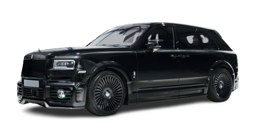 A black luxury suv with custom rims and a modified grille, isolated on a white background.