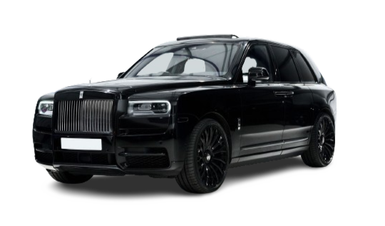 A black rolls-royce cullinan suv on a white background, showcasing its signature front grille and sleek design.