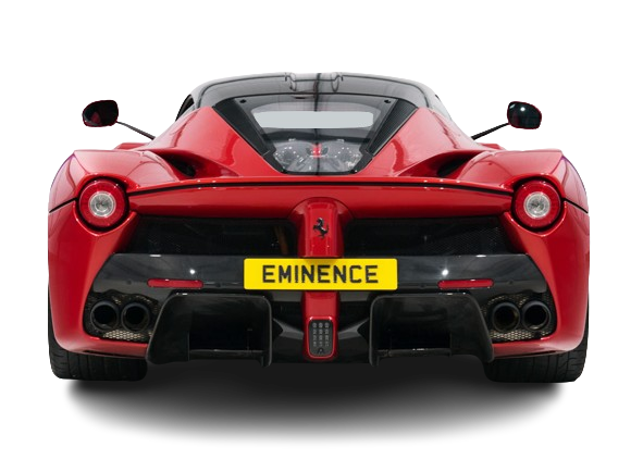 Rear view of a red ferrari sports car with the license plate reading "eminence.