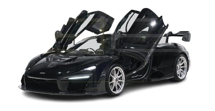 Black mclaren supercar with doors open, displayed against a plain background.