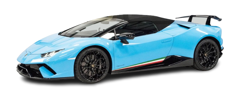 Light blue lamborghini huracan spyder with black wheels and a small italian flag detail, displayed on a plain background.