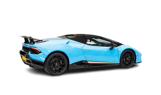A blue lamborghini huracán sports car with a green and red stripe, viewed from the side angle, isolated on a black background.