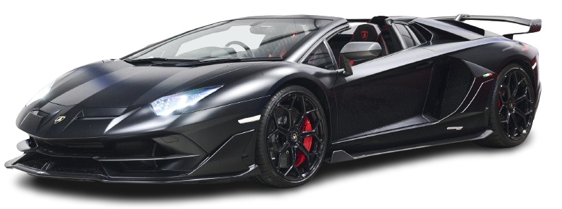 Black lamborghini aventador with red accents, featuring sharp angles and a prominent rear spoiler, isolated on a transparent background.