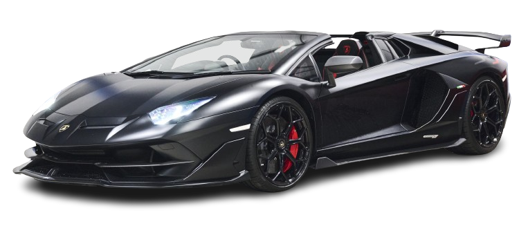 A sleek black lamborghini aventador with its doors open, showcasing a red interior, isolated on a black background.