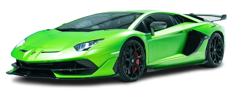 Green lamborghini aventador sports car with black accents and a rear spoiler, displayed against a white background.