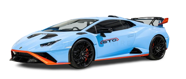 Blue lamborghini huracan sto with orange trim and large rear spoiler, isolated on a white background.