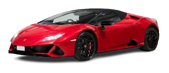 Red lamborghini huracan spyder sports car with black wheels, side view on a white background.