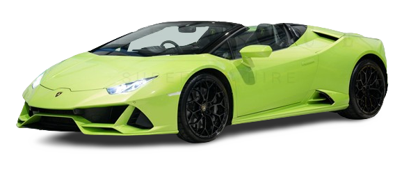 Bright green lamborghini huracan spyder with open roof, viewed from the side against a white background.