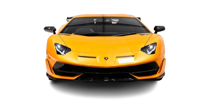 Bright yellow lamborghini aventador sports car with sleek design and aggressive headlights, viewed from the front, isolated on a black background.