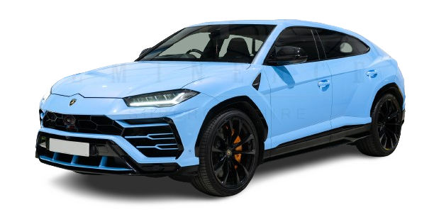 A light blue lamborghini urus suv on a white background, featuring black wheels and visible brake calipers.