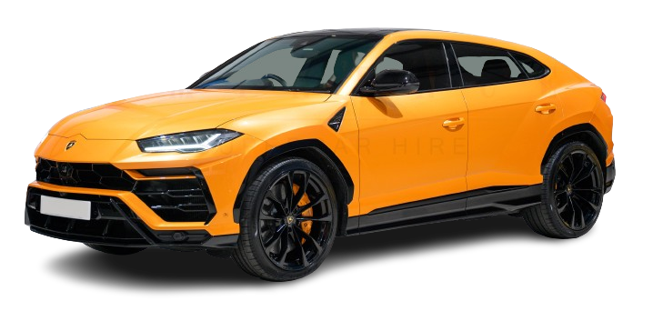 Bright orange luxury suv with sleek black trim and alloy wheels, isolated on a black background.