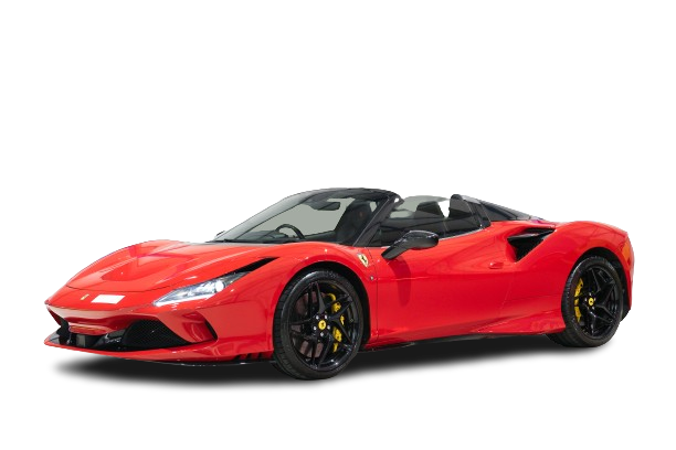 Red ferrari convertible sports car with black wheels and yellow brake calipers, isolated on a black background.