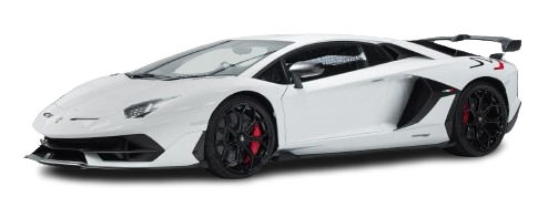 White lamborghini aventador with black accents and a rear spoiler, positioned in a side profile view against a white background.