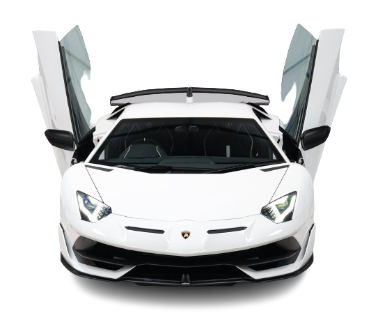 White lamborghini aventador with doors open, viewed from the front, isolated on a white background.