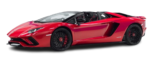 A red lamborghini aventador convertible sports car with black wheels and doors open, isolated on a white background.