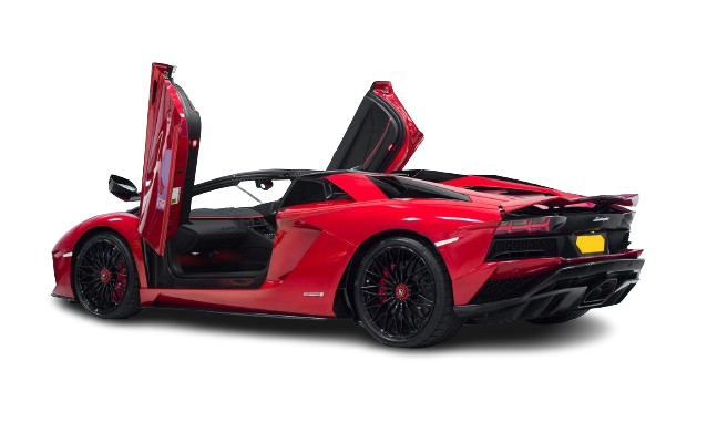 Red lamborghini aventador with open doors, isolated on a black background.
