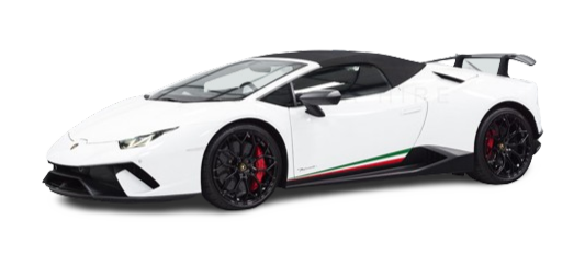 White lamborghini huracan sports car with black wheels and a green and red stripe, displayed on a plain white background.