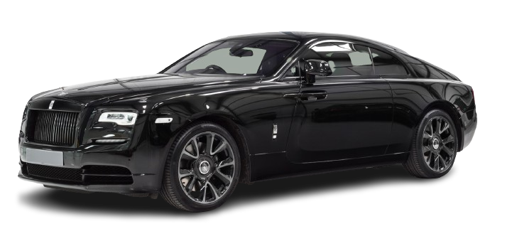 A black luxury coupe on a plain background, featuring large wheels, prominent grille, and sleek design.