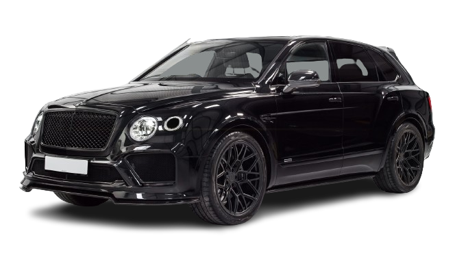 Black luxury suv on a black background, featuring a distinctive grille and sporty alloy wheels.