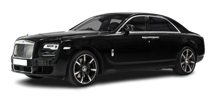 A black luxury sedan with chrome detailing and alloy wheels, displayed against a solid black background.