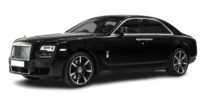 Black rolls-royce ghost sedan on a black background, highlighting its luxury design and shiny alloy wheels.