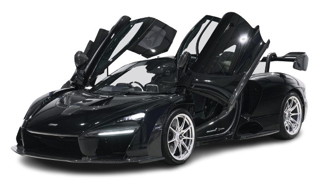 A black mclaren 570s sports car with its dihedral doors open, isolated on a black background.