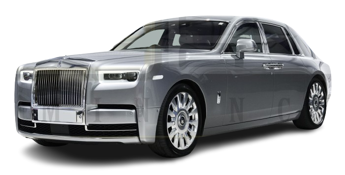 A silver rolls-royce phantom luxury car on a white background, showcasing its distinctive front grille and classic design.