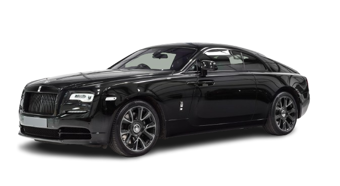 A black rolls-royce wraith luxury coupe on a black background, showing the side profile and distinctive front grille.