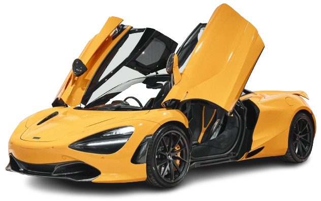 A bright yellow mclaren sports car with its dihedral doors open, displayed against a plain black background.
