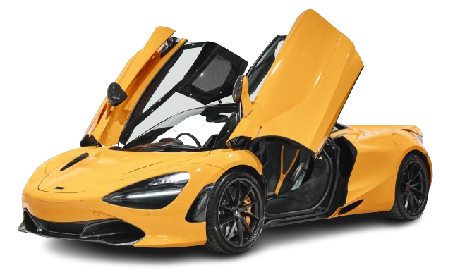 Yellow sports car with upward-opening doors, isolated on a black background.