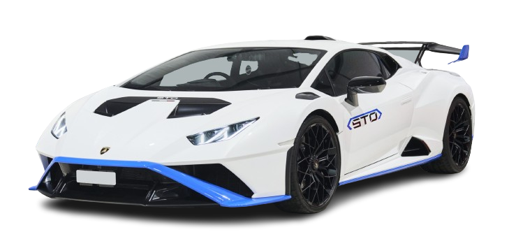 White lamborghini sports car with blue accents and black wheels, isolated on a white background.