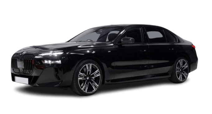 A black luxury sedan with a sleek design, large alloy wheels, and tinted windows is parked against a plain background, ready for hire.