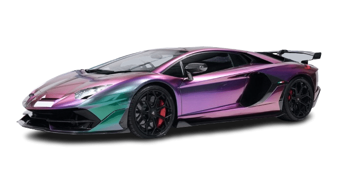 A sleek, iridescent sports car with a shiny, multi-colored exterior, black rims, and a rear spoiler. The car is available for hire and is viewed from the front-left side.