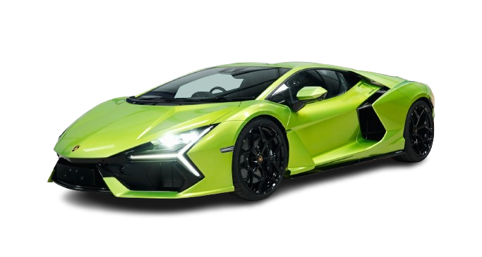 A lime green sports car with a sleek, aerodynamic design and black rims, viewed from the front-right angle, is ready for hire.