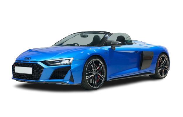 A blue convertible sports car with a black grille and silver logo, featuring sleek lines, black-tinted windows, and multi-spoke alloy wheels, is available for hire.